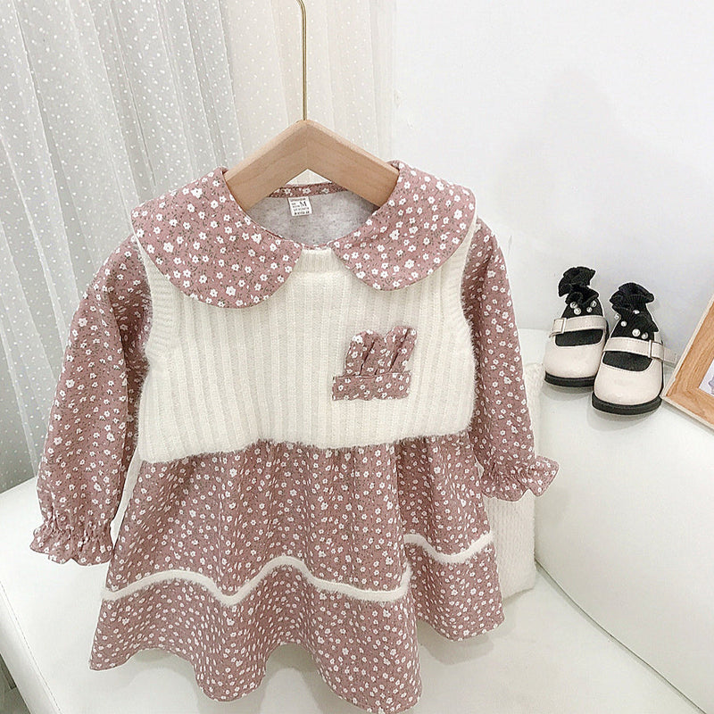 Bunny Ears Floral Dresses Knitted Vest Wholesale Girls Outfits Sets - PrettyKid