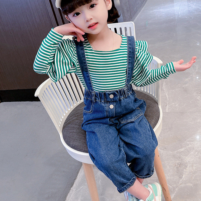 18months-6years Toddler Girl Sets Striped Blouse & Overalls Two-Piece Suit Children's Clothing Wholesale - PrettyKid