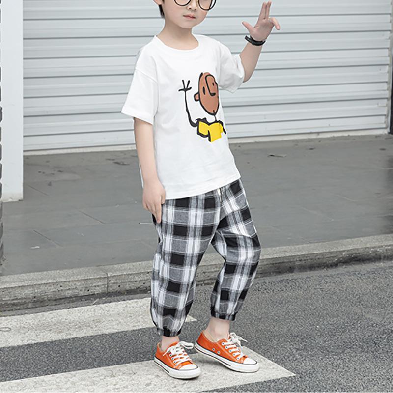 Boy Character Pattern Short Sleeves & Check Pants Children's Clothing - PrettyKid