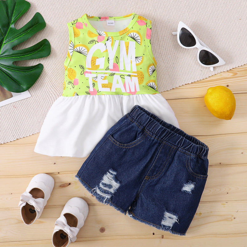 18M-6Y Colorblock Sleeveless Printed Casual Denim Shorts Set Toddler Girl Wholesale Boutique Clothing