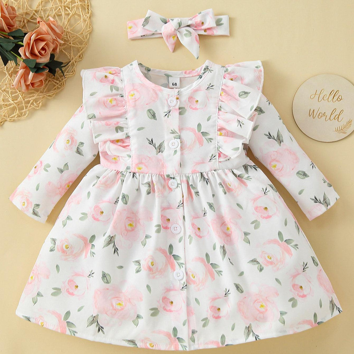 Baby Girl Long-Sleeved Floral Print Dress And Headband Baby Summer Dress Girl - PrettyKid