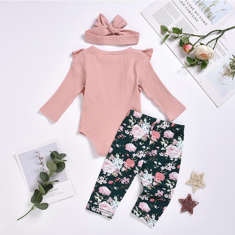 3-piece Solid Ruffle Bodysuit & Floral Printed Pants & Headband for Baby Girl Wholesale children's clothing - PrettyKid