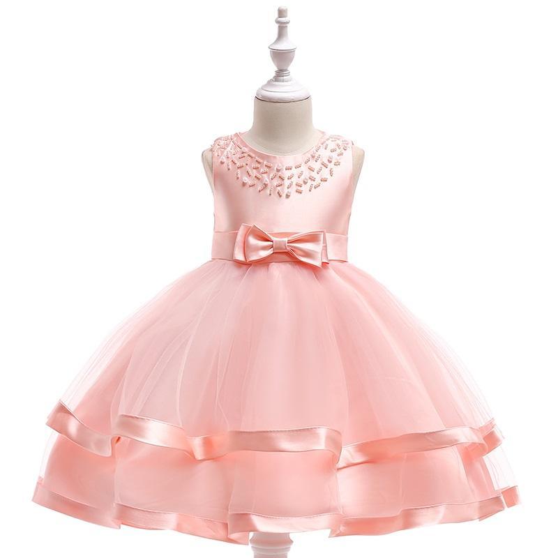 Girl Solid Color Bow Decor Sleeveless Mesh Formal Dress - PrettyKid