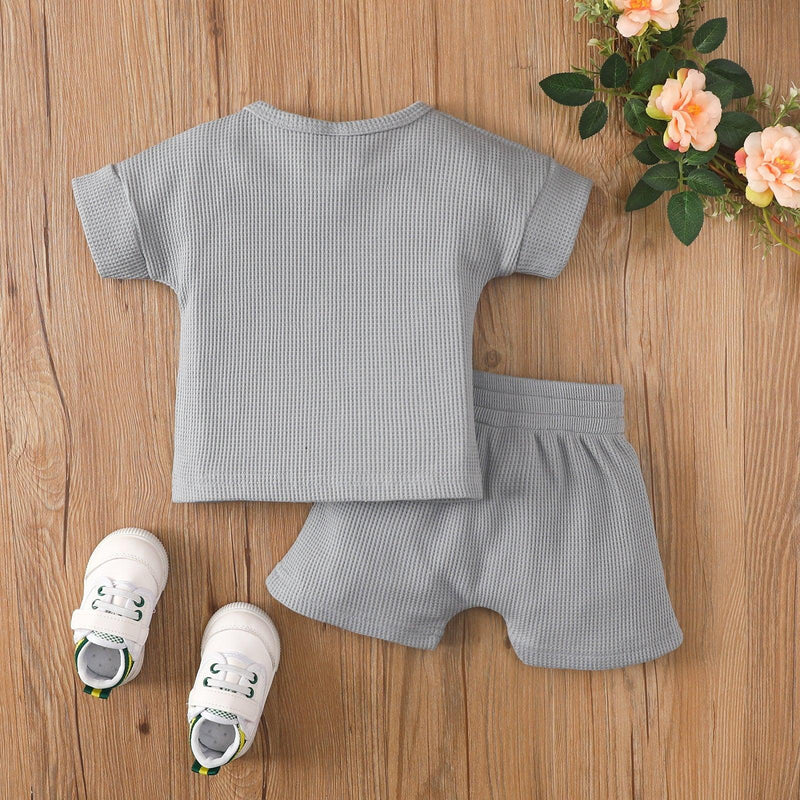 Baby Boy Solid Color Crew Neck Short Sleeve T-Shirt And Shorts Baby Outfit Sets - PrettyKid