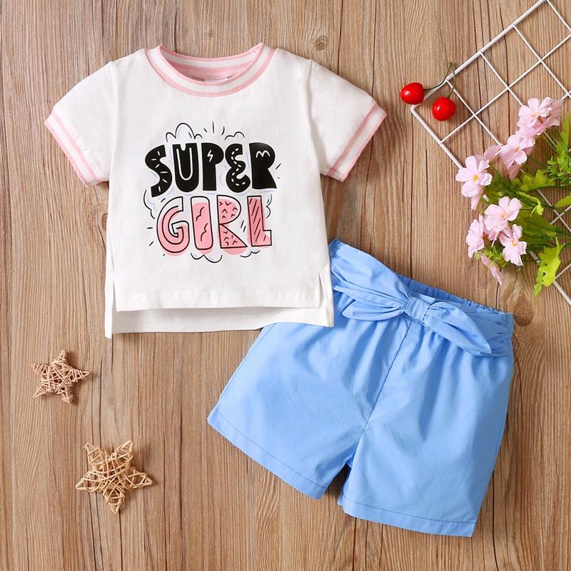 Toddler Girl Letter Print T-shirt & Bow Decor Shorts - PrettyKid