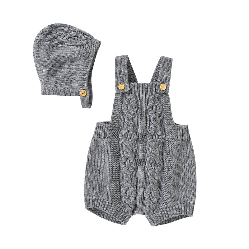 Baby Girl Solid Color Knitted Jumpsuit And Hat Baby One Piece Jumpsuit - PrettyKid