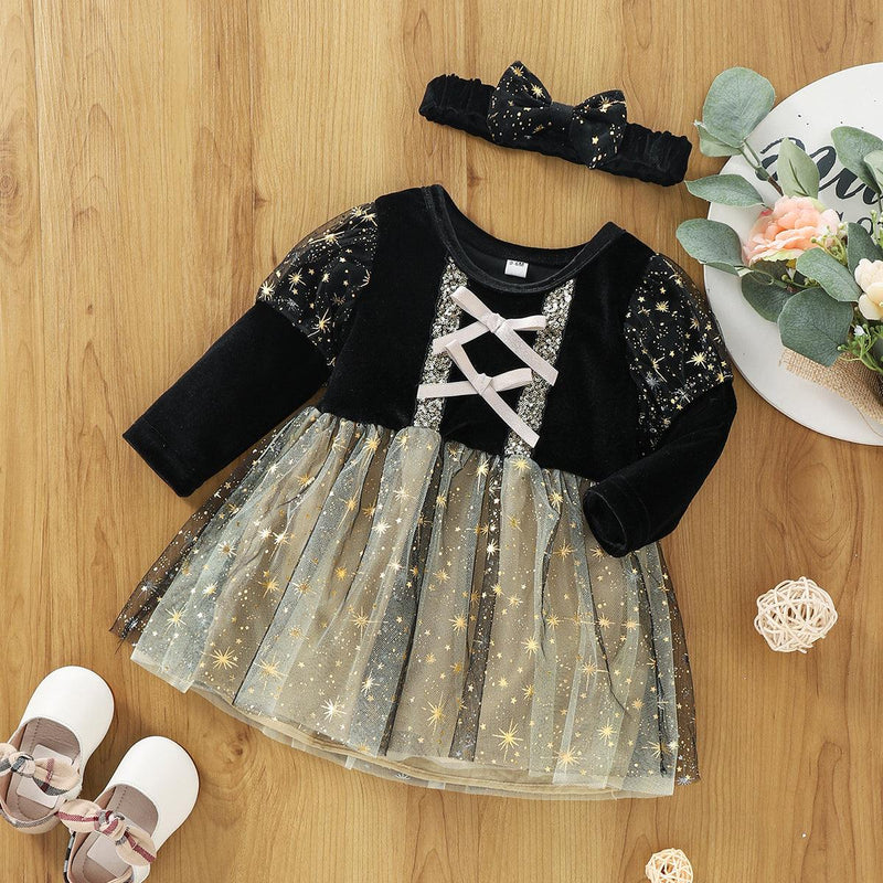 Baby Girls Long Sleeve Black Lace Mesh Dress - PrettyKid