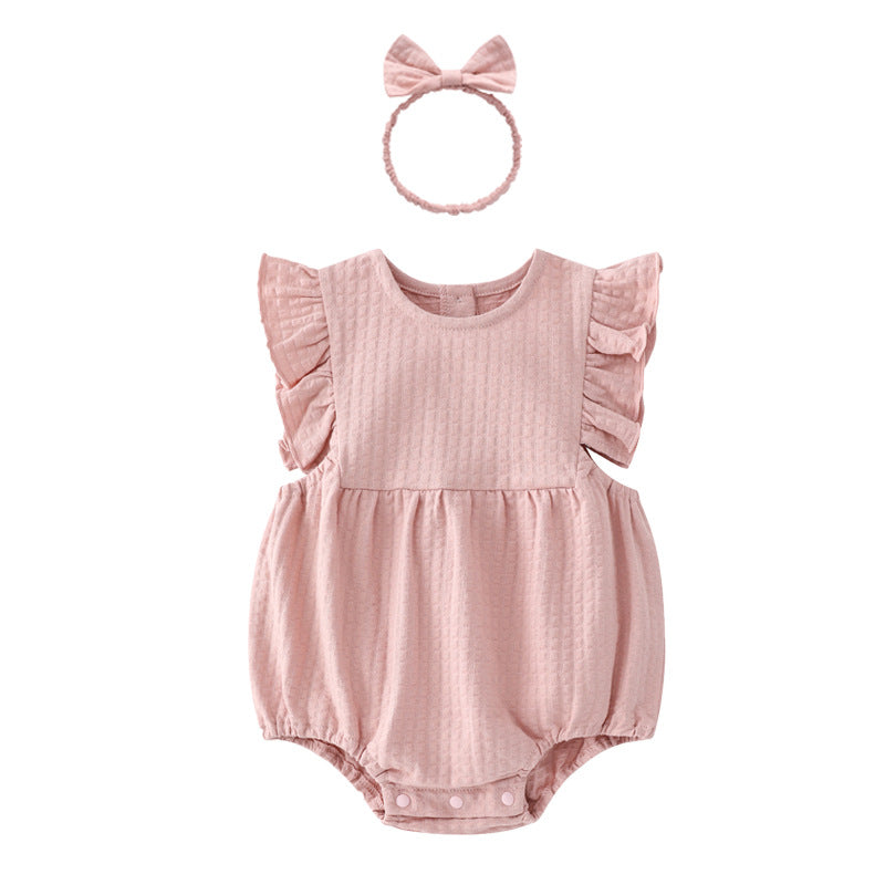 0-12M Baby Girls Solid Color Flutter Sleeve Bodysuit & Headband Wholesale Baby Clothing - PrettyKid