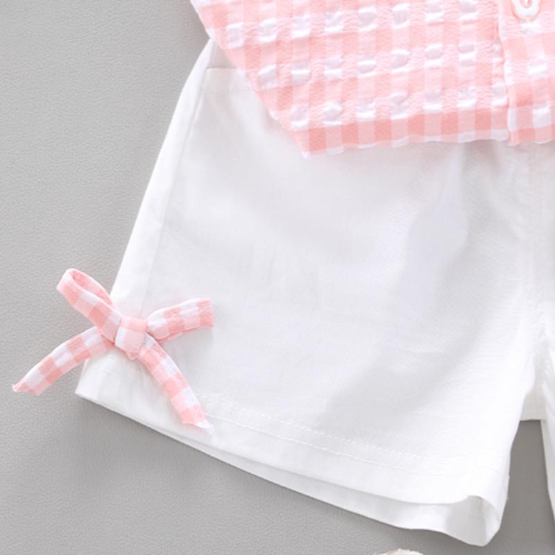 Toddler Girl Irregular Collar Check Top & Bow Element Shorts Wholesale Children's Clothing - PrettyKid