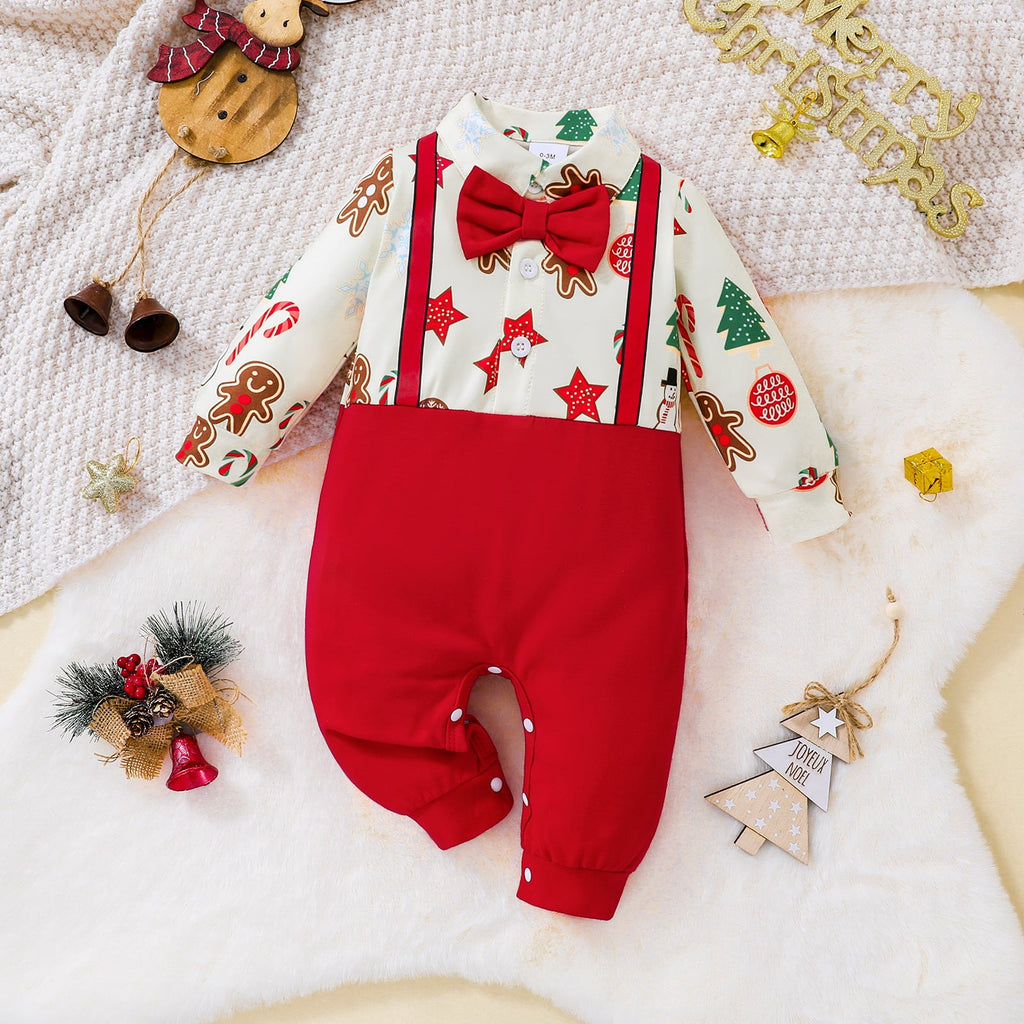 0-18M Baby Boy Onesies Christmas Patchwork Cartoon Pine Stars Print Bow Tie Long Sleeve Romper Wholesale Baby Clothing - PrettyKid
