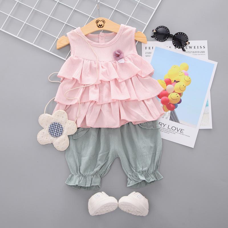 children's cotton dresses wholesale Toddler Girl 3D Floral Decor Solid Color Top & Shorts - PrettyKid