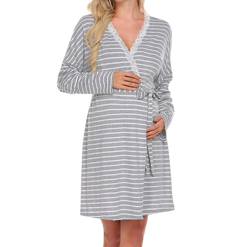 Striped Long-sleeve Maternity Nightgown Women's Clothing - PrettyKid