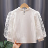 3-11Years Kids Girls White Mock Neck Lace Bubble Sleeve Pit Striped Top Bottoming Shirt Wholesale Childrens Clothing In Bulk - PrettyKid