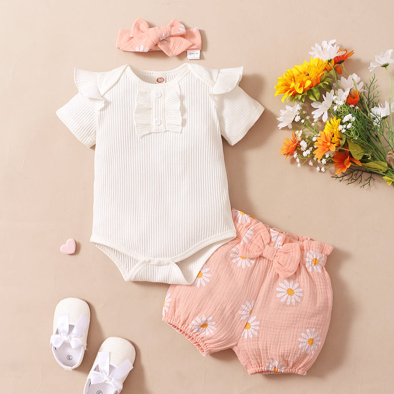 Baby Girl White Ribbed Bodysuit And Daisy Shorts And Headband Baby Girl Outfit Sets - PrettyKid