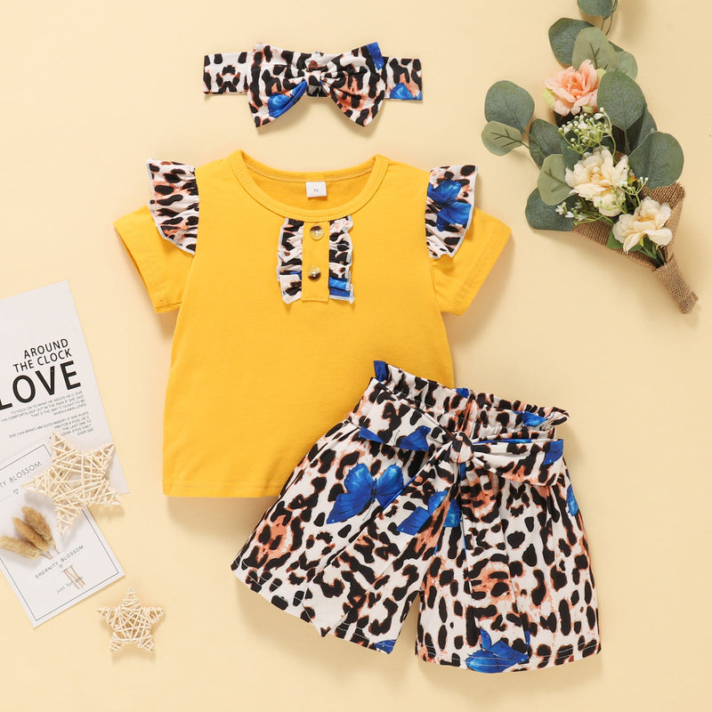 Baby Girl Leopard Print Fly-Sleeve Top And Shorts With Headband Two Piece Baby Sets - PrettyKid