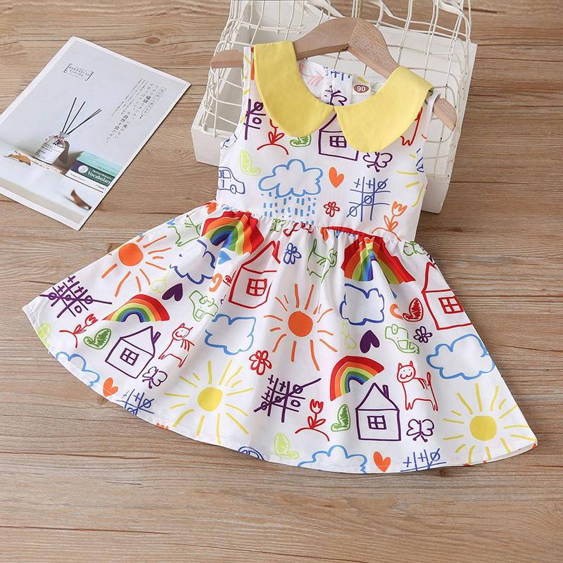 Toddler Girl Hand Drawn Rainbow Print Dress - PrettyKid
