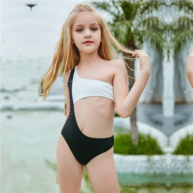 7-13Y One-Shoulder Color-Blocked Cutout Sexy One-Piece Big Girl Swimsuits  Wholesale Kids Boutique Clothing wholesale kids jeans – PrettyKid