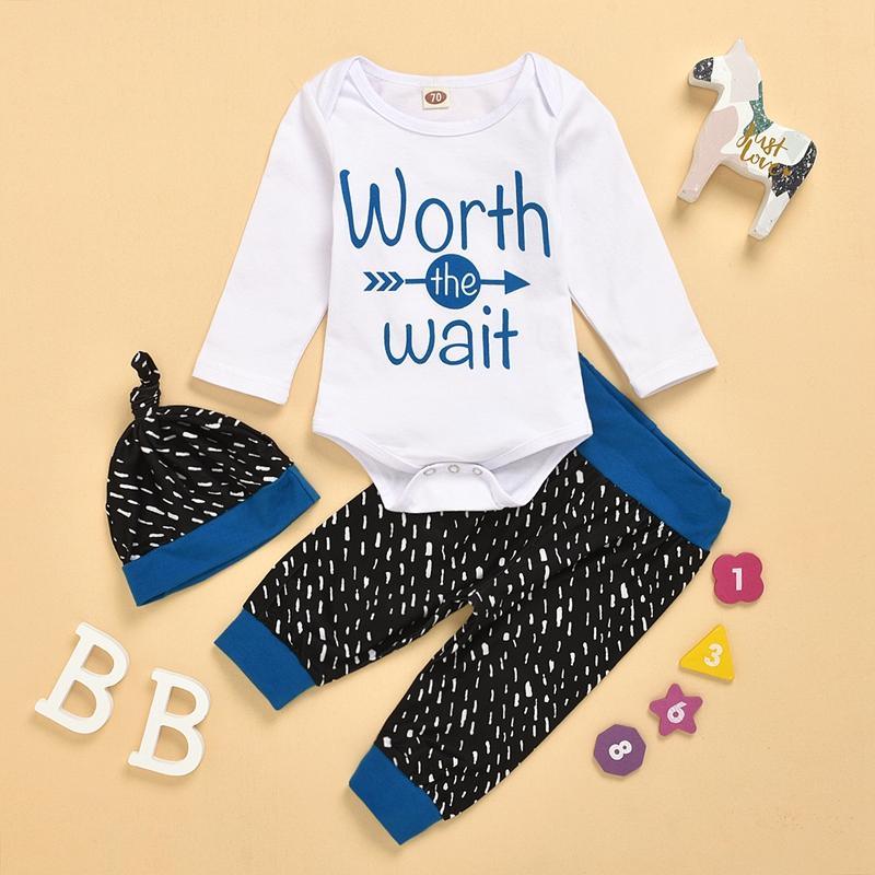 3-piece Letter Pattern Bodysuit & Pants & Hat for Baby Boy - PrettyKid