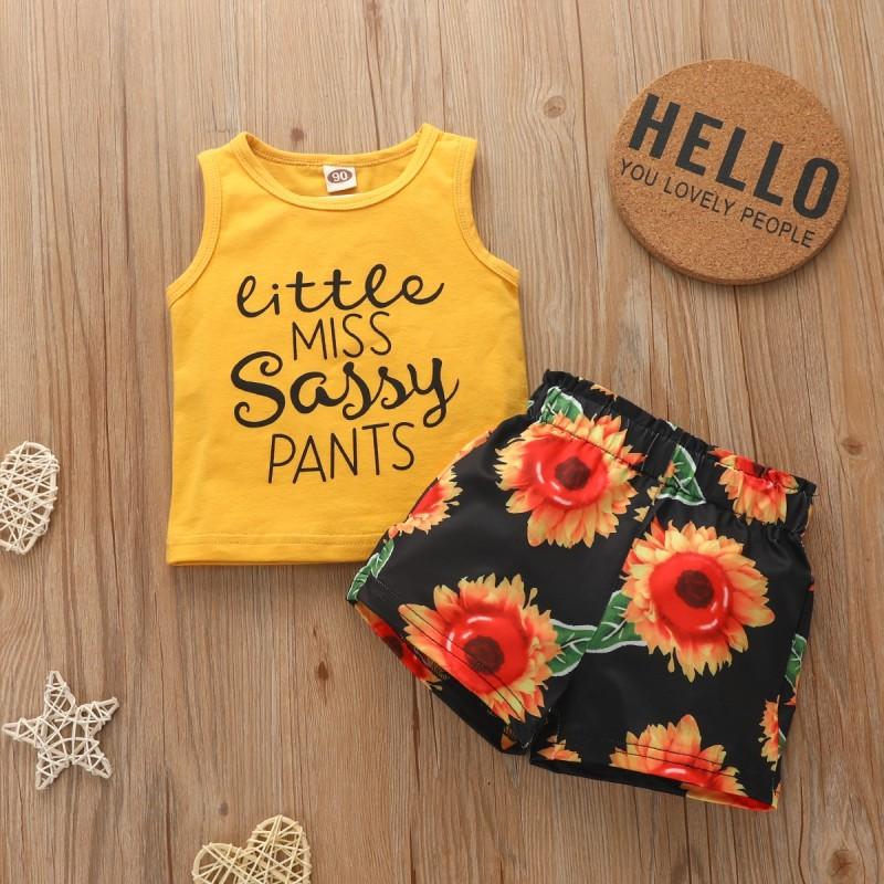 Letter Print Tank and Sunflower Print Shorts Set Wholesale children's clothing - PrettyKid