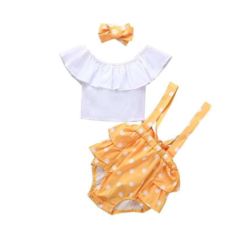 Baby Girl Ruffle Top & Suspender Shorts & Polka Dot Headband - PrettyKid