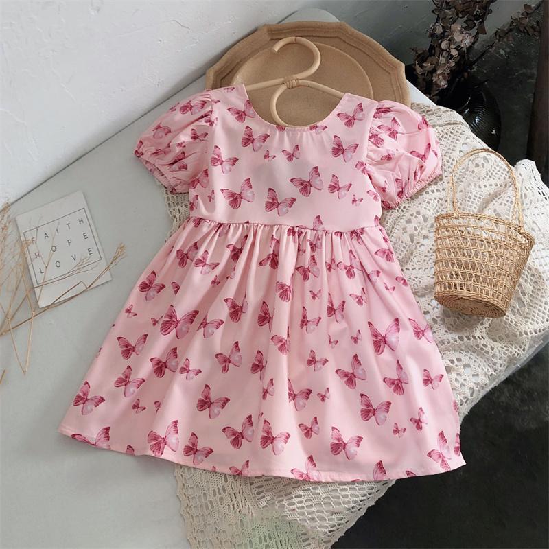 little girl wholesale boutique clothing Toddler Girl Butterfly Print Puff Sleeves Dress - PrettyKid