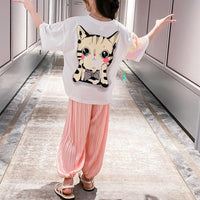 Kid Girl Catoon Cat Patten Top & Pleated pants Children's Clothing - PrettyKid