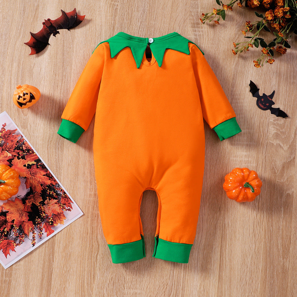 0-18M Halloween Pumpkin Face Orange Long Sleeve Onesies Romper Jumpsuit Baby Wholesale Clothing