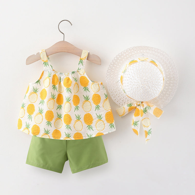 Toddler Pineapple Printed Suspender Blouse & Shorts & Hat in Bulk - PrettyKid