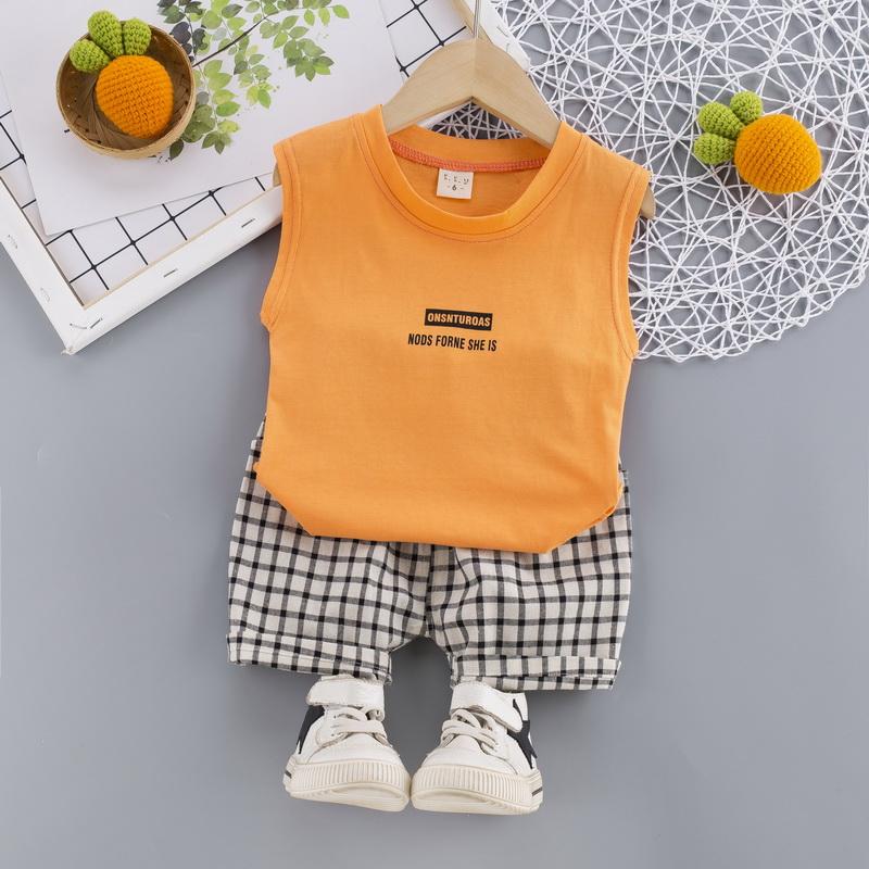Toddler Boy Letter Print Wing Pattern Sleeveless Top & Plaid Shorts - PrettyKid