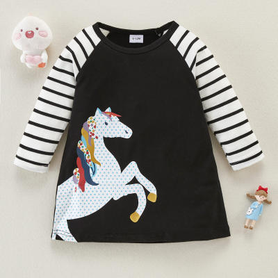 Toddler Girl Horse Pattern Color-block Dress - PrettyKid
