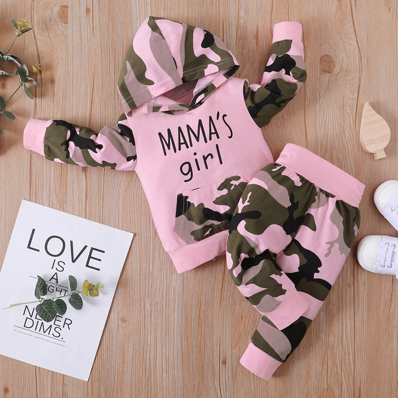 Toddler Girl Letter Print Camouflage Hoodie & Pants - PrettyKid