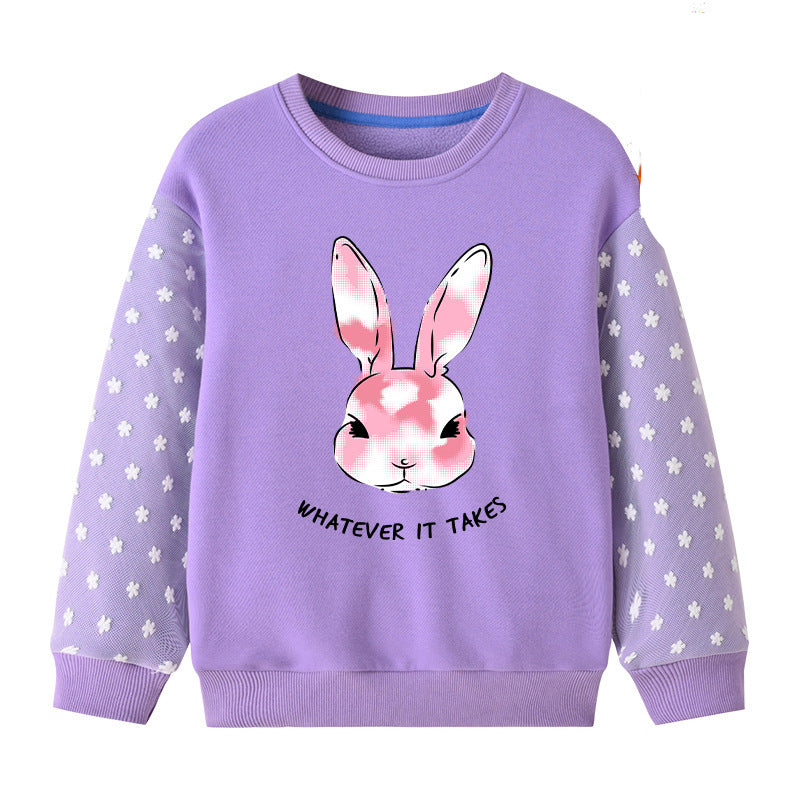 18M-10Y Kids Girls Cartoon Rabbit Print Floral Embroidered Long Sleeve Crewneck Top Kids Clothing Wholesale - PrettyKid