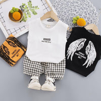 Toddler Boy Letter Print Wing Pattern Sleeveless Top & Plaid Shorts - PrettyKid