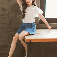 Girl Ruffle Top & Bowknot Denim Shorts - PrettyKid