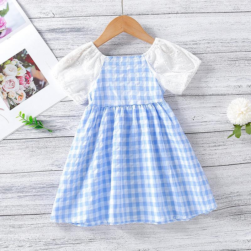 Toddler Girl Rabbit Pattern Hollow Print Sleeve Plaid Dress - PrettyKid