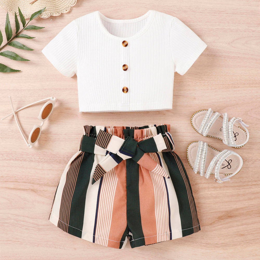 18M-6Y Pit Bar Round Neck Short Sleeve Top Striped Belt Set Cute Toddler Girl Clothes Wholesale - PrettyKid