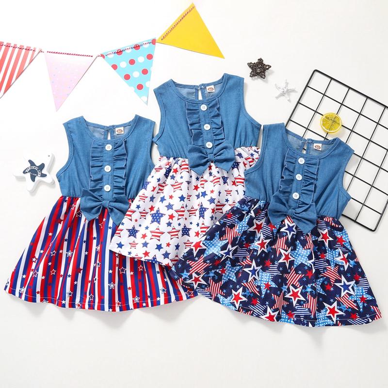 Toddler Girl Independence Day Pentagram Print Ruffle Trim Dress - PrettyKid