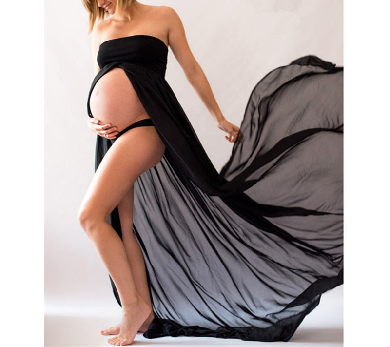 Women's Solid Color Sheath Chiffon Splicing One Shoulder Maternity Dresses Long Maternity Dress - PrettyKid