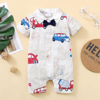 Baby Boy Bow Tie Decor Cartoon Car Print Jumpsuit - PrettyKid