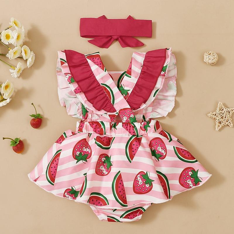 Baby Girl Watermelon Print Bodysuit & Bowknot Headband - PrettyKid