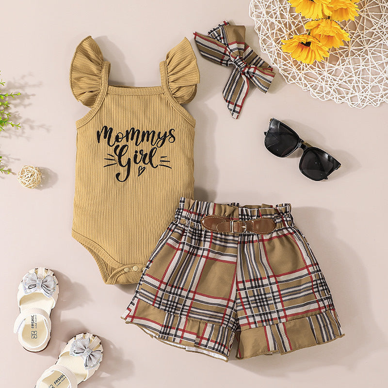 0-18months Baby Sets Girls Summer Flying Sleeve Romper & Plaid Shorts Suit Three-Piece Set - PrettyKid