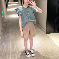 Girl Ruffle Sleeve Shirt & Knee Length Pants - PrettyKid