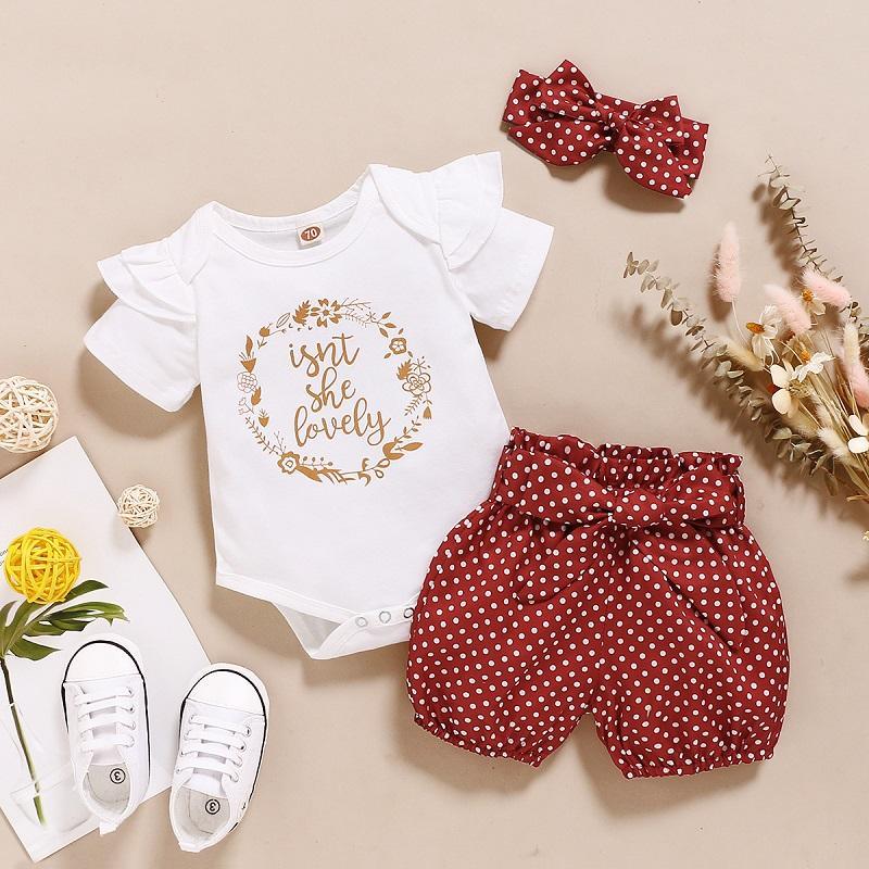 Baby Girl Letter Print Romper & Polka Dot Shorts & Bowknot Headband - PrettyKid