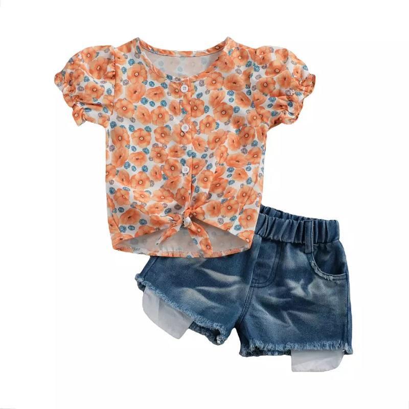 Toddler Girl Floral Pattern Summer Suit Small Chrysanthemum Short Sleeve & Denim Shorts Children's Clothing - PrettyKid