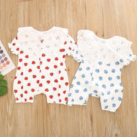 Baby Girl Hollow Petal Collar Strawberry Print Romper - PrettyKid