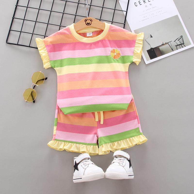 Toddler Girl Rainbow Gradient Stripe Suit Wholesale Children's Clothing - PrettyKid