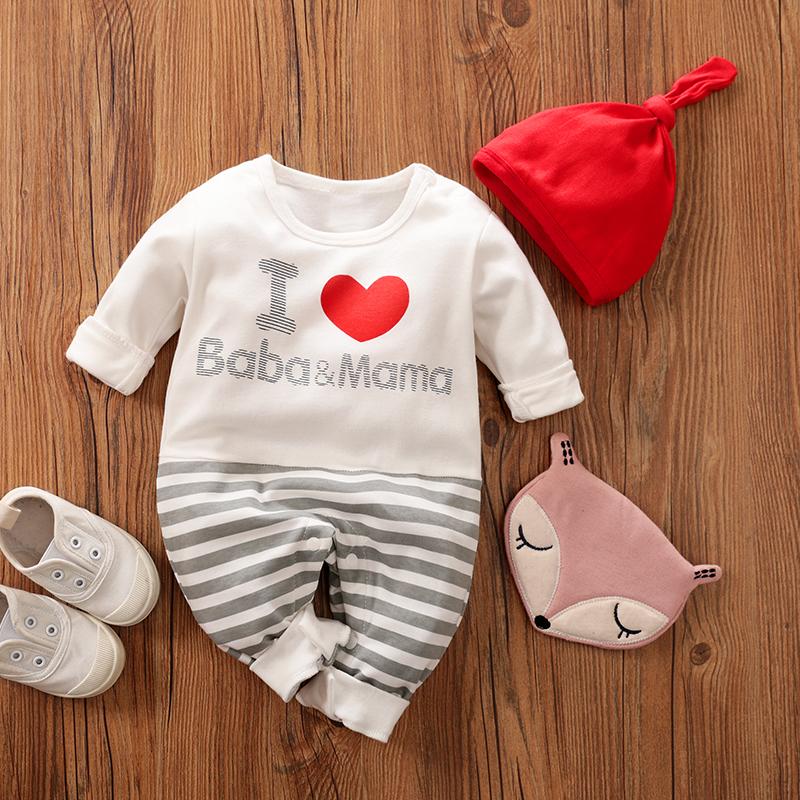 2-Piece Lovely Heart and Letters Long-Sleeve Jumpsuit with Hat Set for Baby Children's clothing wholesale - PrettyKid