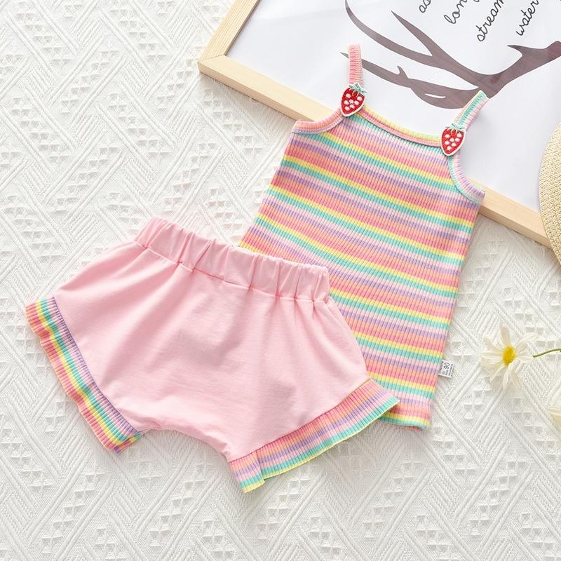 Grow Girl Color Stripes Strawberry Decoration Top & Shorts - PrettyKid