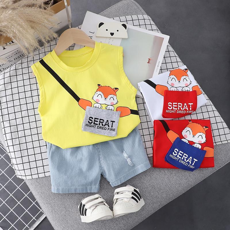 Toddler Boy Cartoon Fox Pattern Letter Print Sleeveless Top & Denim Shorts - PrettyKid