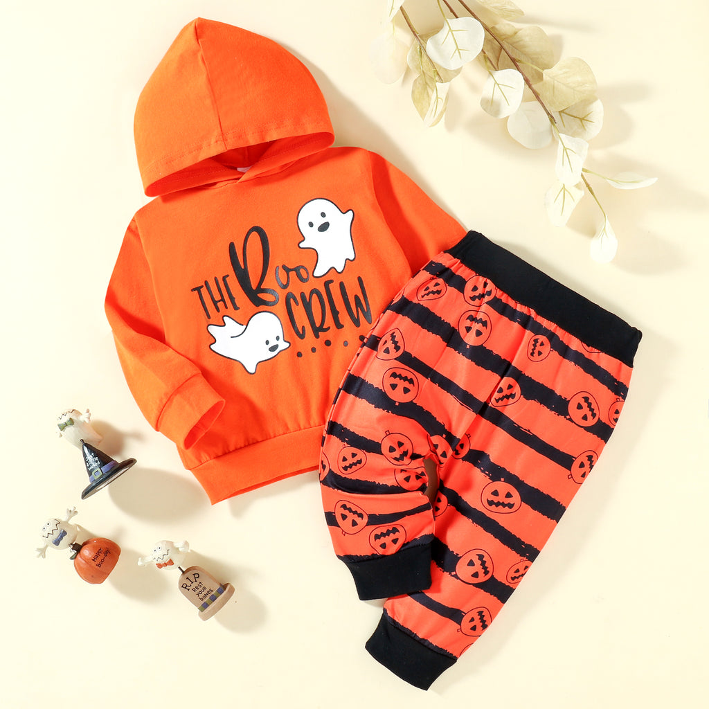 Toddler Kids Long Sleeve Lettered Print Hoodie Stripe Pants Halloween Set - PrettyKid